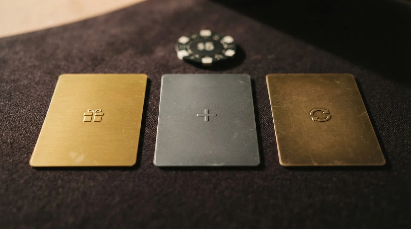 Tres tarjetas que representan los tres tipos de bono de casino: bienvenida, sin depósito y recarga, cada una con su mecánica
