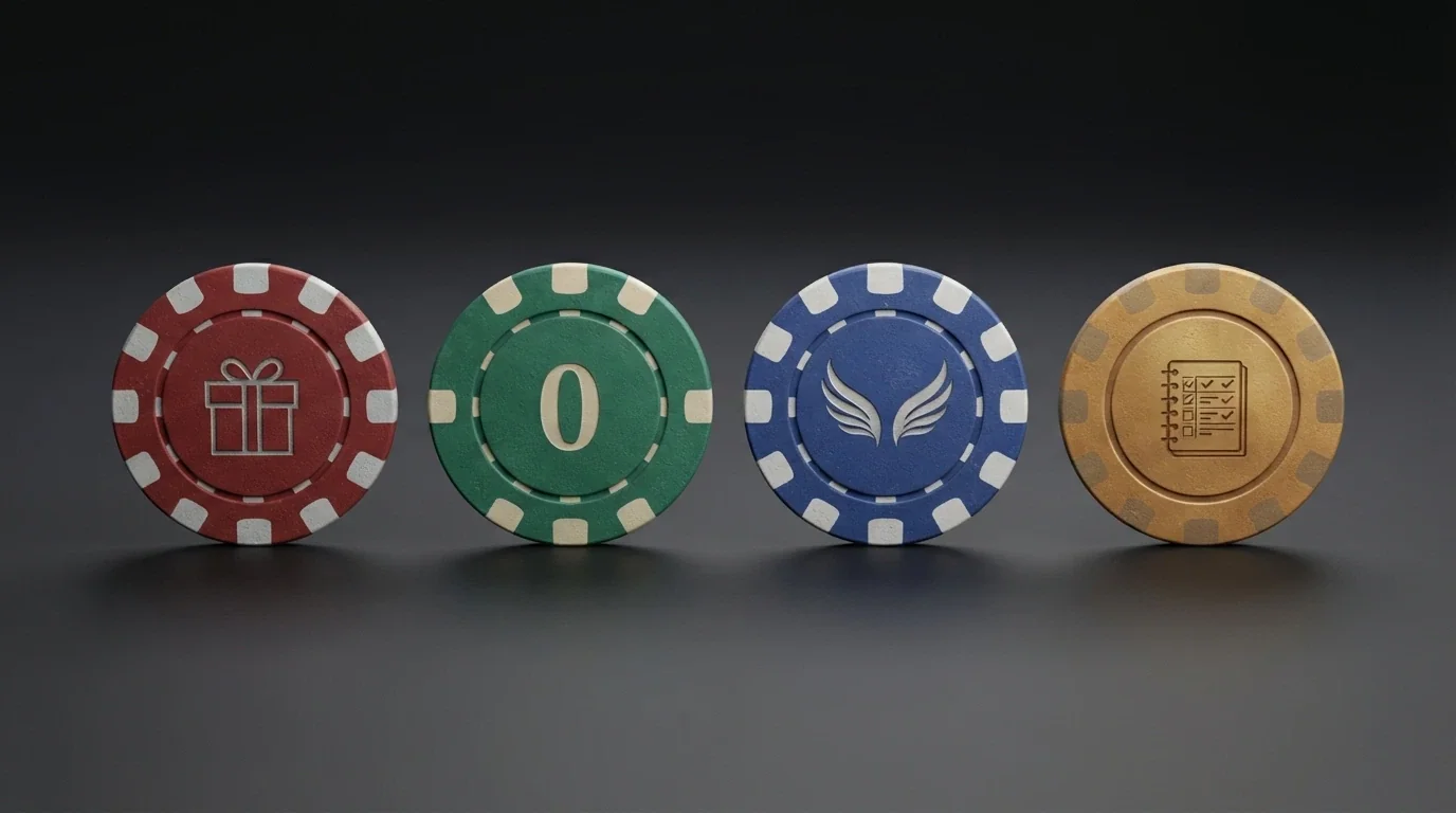 Cuatro fichas de casino alineadas con símbolos distintos: un regalo (bienvenida), un cero (sin depósito), una moneda con alas (tiradas gratis) y un calendario (recarga)