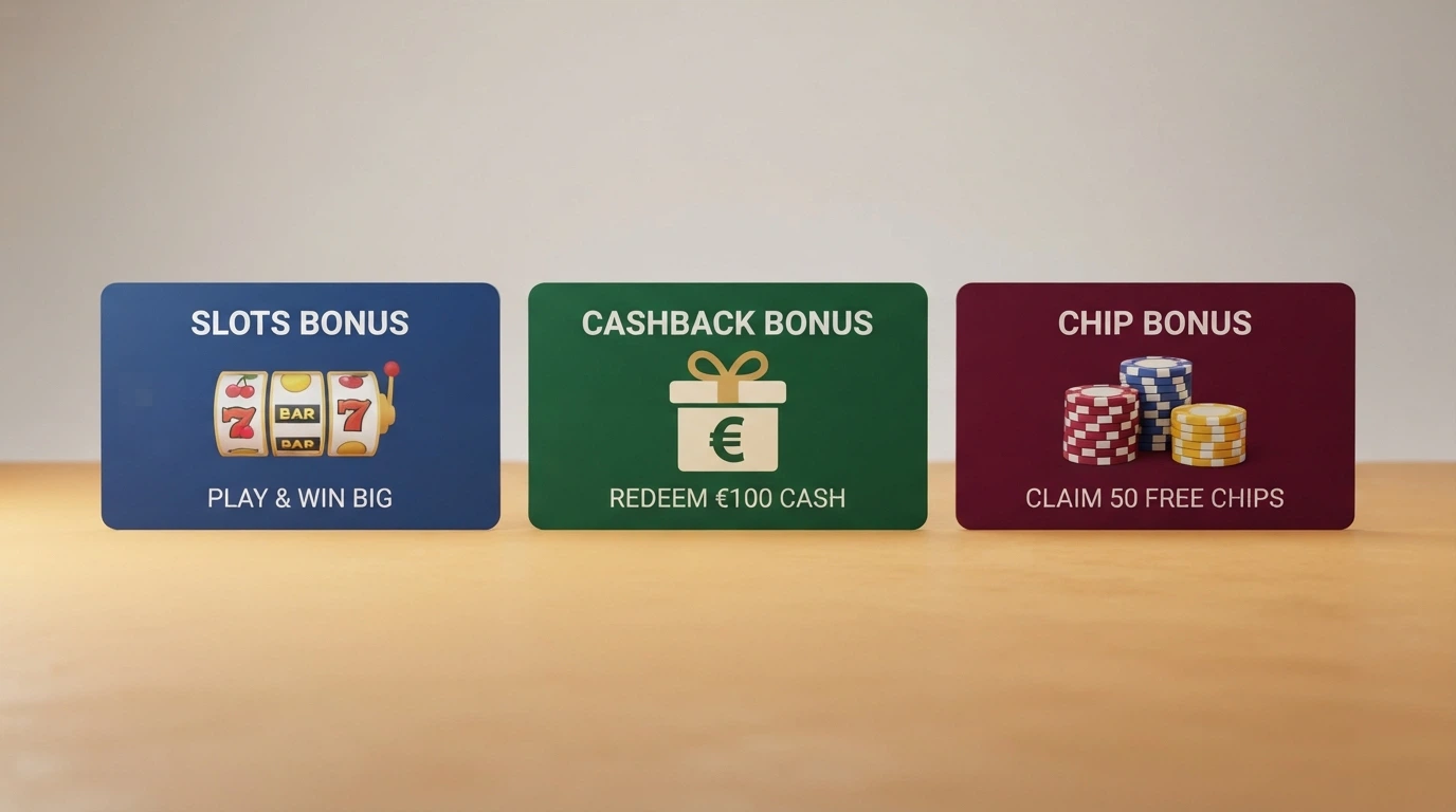 Comparativa visual de distintos formatos de bono de casino en pantalla: giros gratis, saldo de regalo y bono de depósito