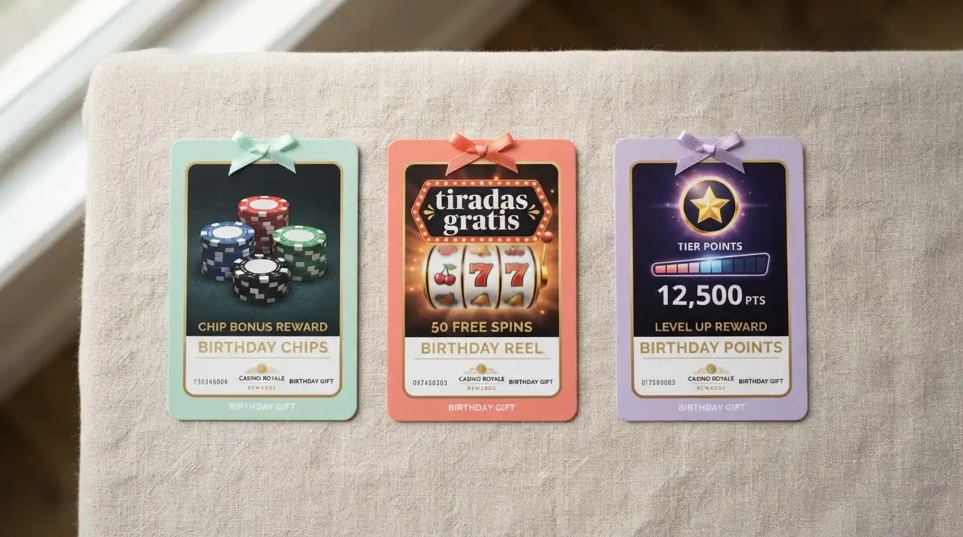 Tres tarjetas de regalo alineadas: una muestra un fajo de billetes, otra un carrete de slot girando con la etiqueta «tiradas gratis» y la tercera un contador de puntos de fidelidad.