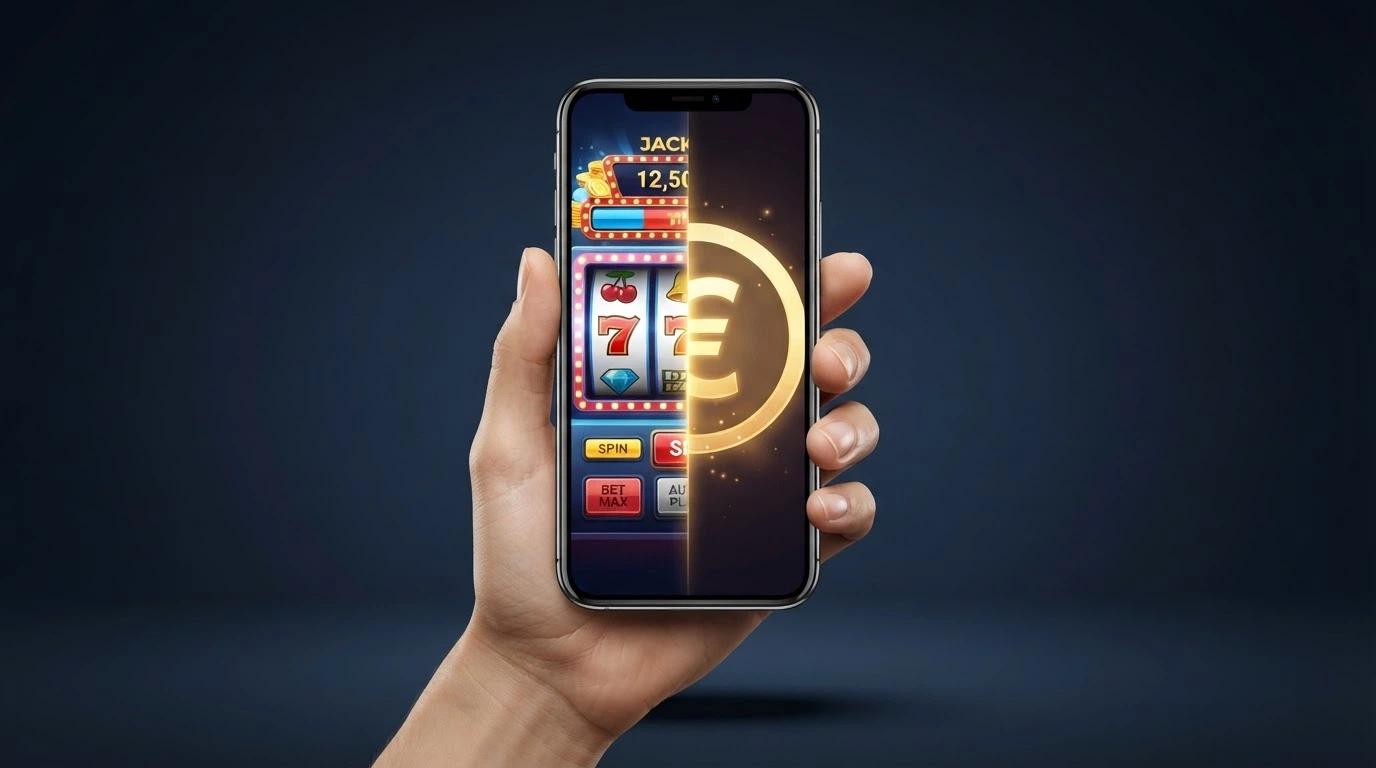 Una pantalla dividida: a la izquierda, una tragaperras con el contador de tiradas gratis activo; a la derecha, un saldo promocional en la cuenta del casino