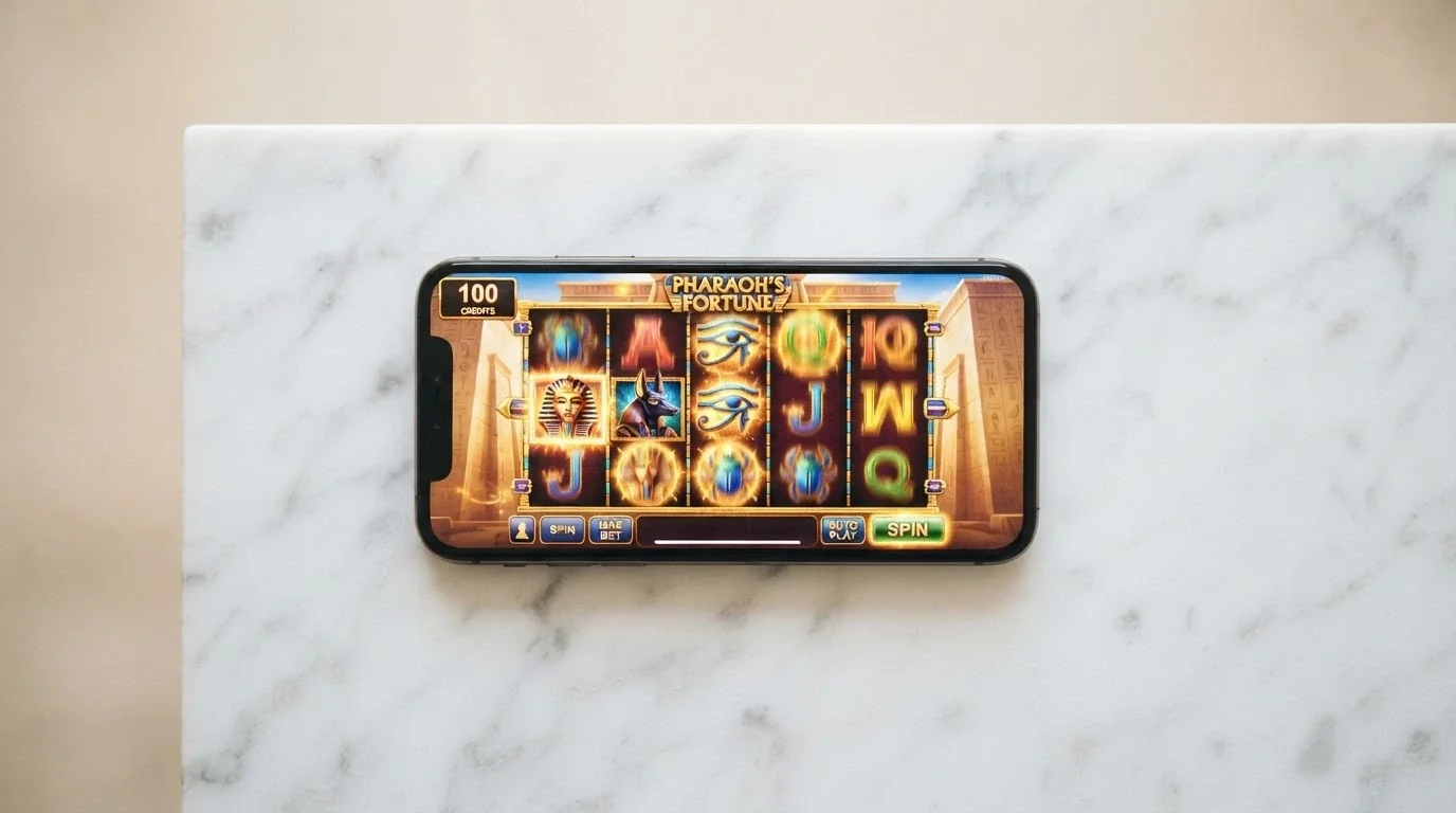 Un teléfono mostrando la carátula del juego Book of Dead con el contador de 100 tiradas gratis visibles en pantalla, sobre una superficie clara