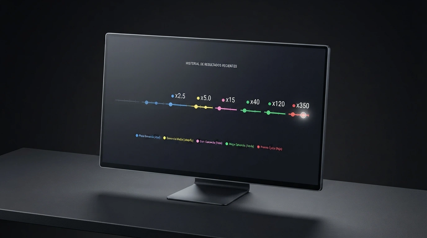 Pantalla del tracker de Crazy Time de Evolution mostrando el historial de las últimas tiradas con números, colores y multiplicadores en una línea temporal