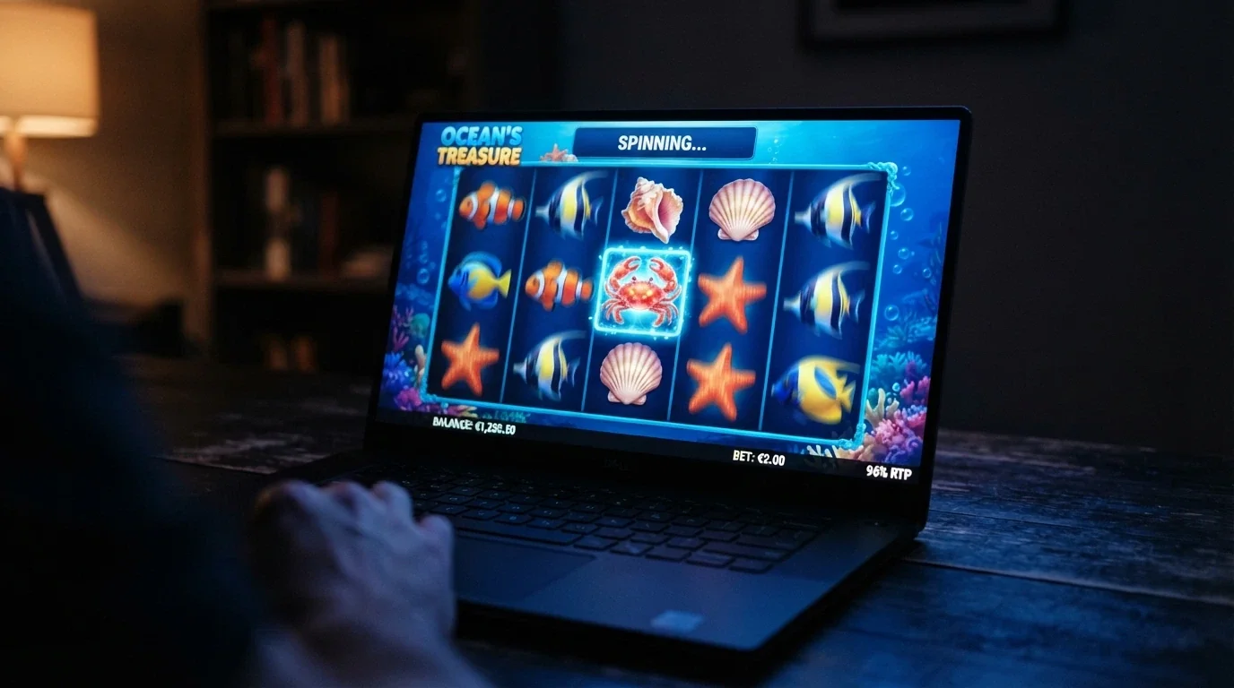 Captura de los rodillos de una tragamonedas online colorida con temática marina y el porcentaje de RTP destacado en pantalla