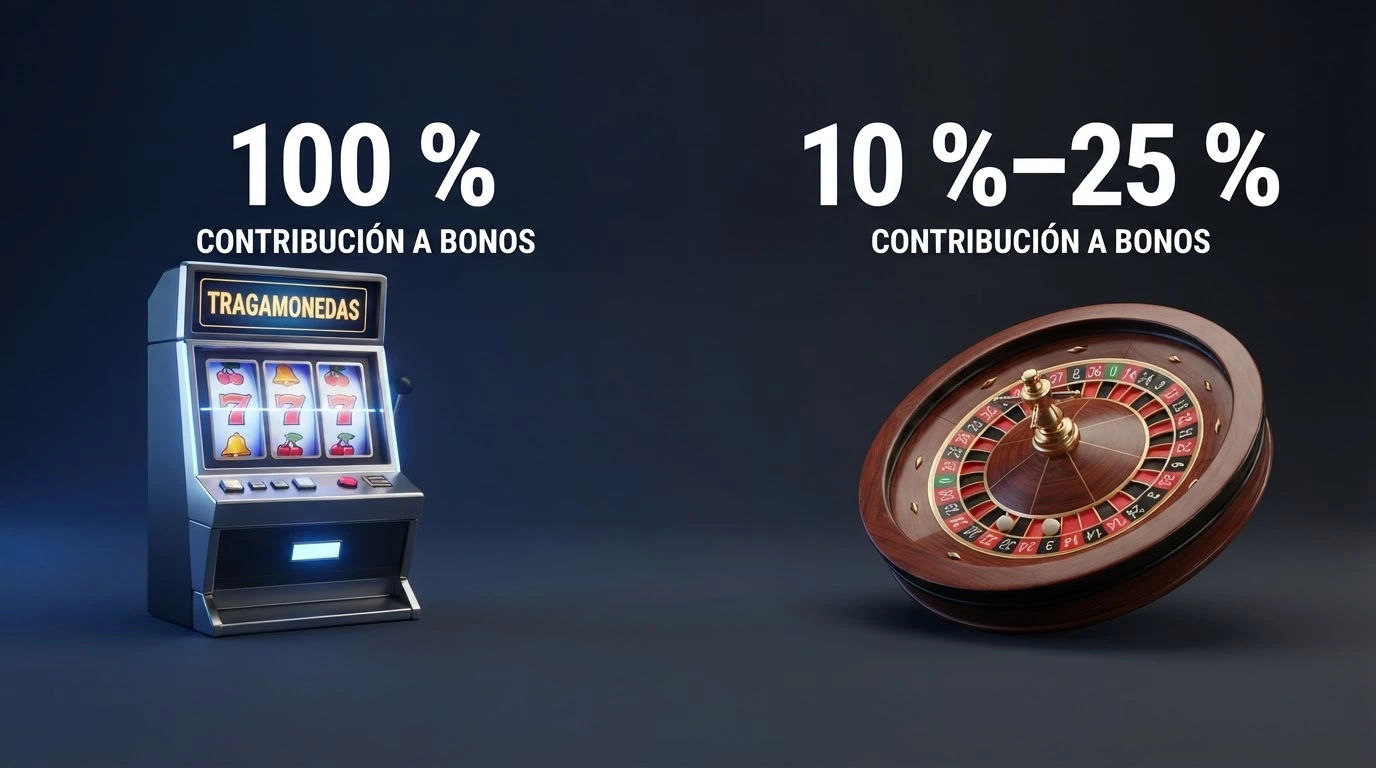 Pantalla dividida con una tragaperras online a la izquierda y una ruleta a la derecha, con porcentajes de contribución al bono sobreimpresos