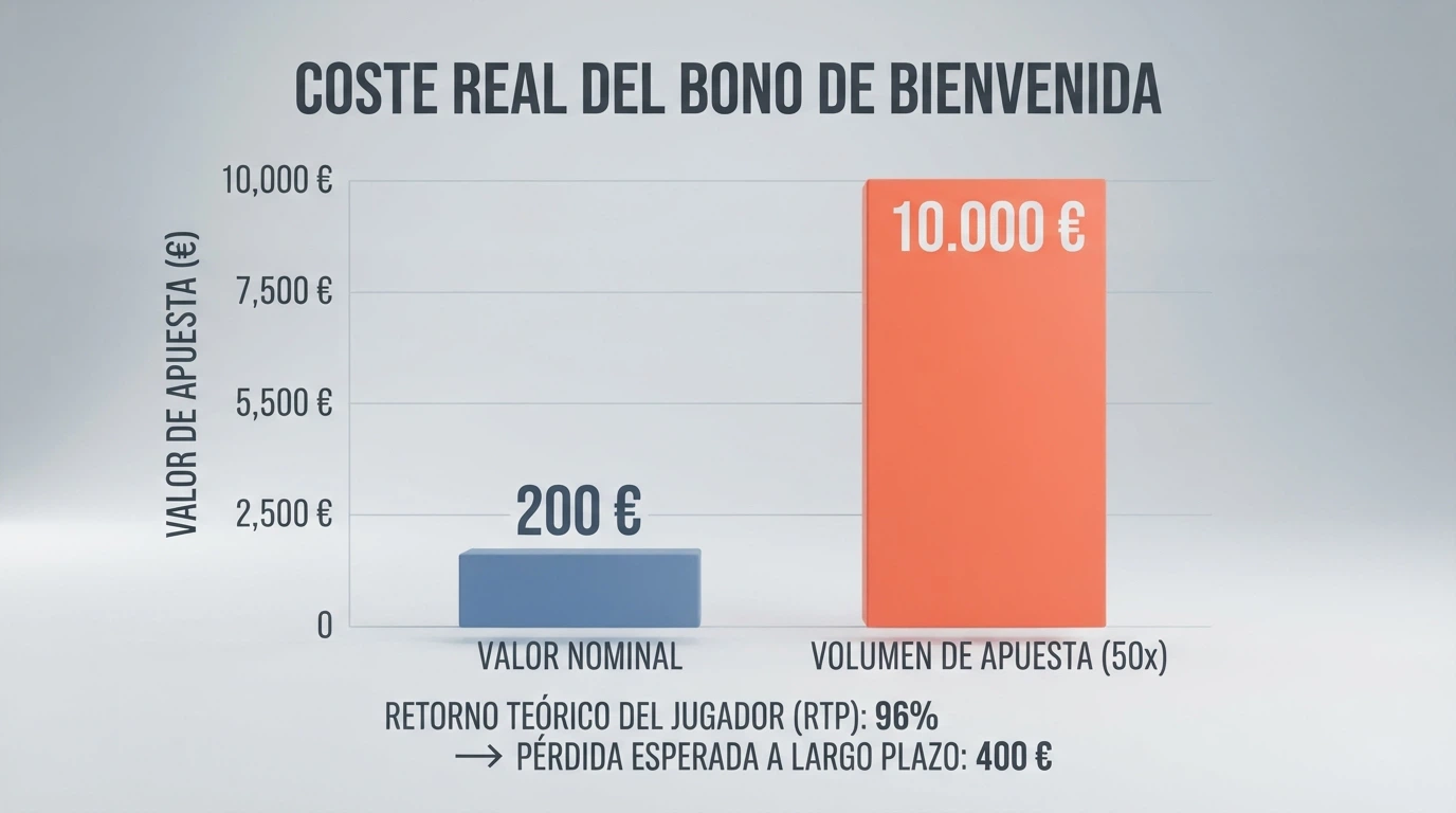 Comparativa visual entre el valor nominal de un bono de bienvenida y el coste real tras aplicar el requisito de apuesta