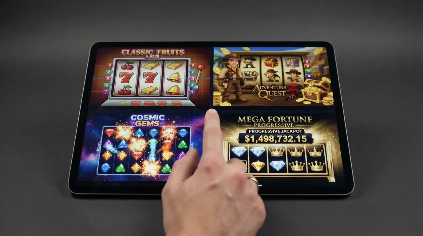 Cuatro tragaperras distintas alineadas en una misma pantalla: una clásica de frutas con tres rodillos, una 3D con personajes animados, una video slot con efectos de partículas y una progresiva con el contador del jackpot visible