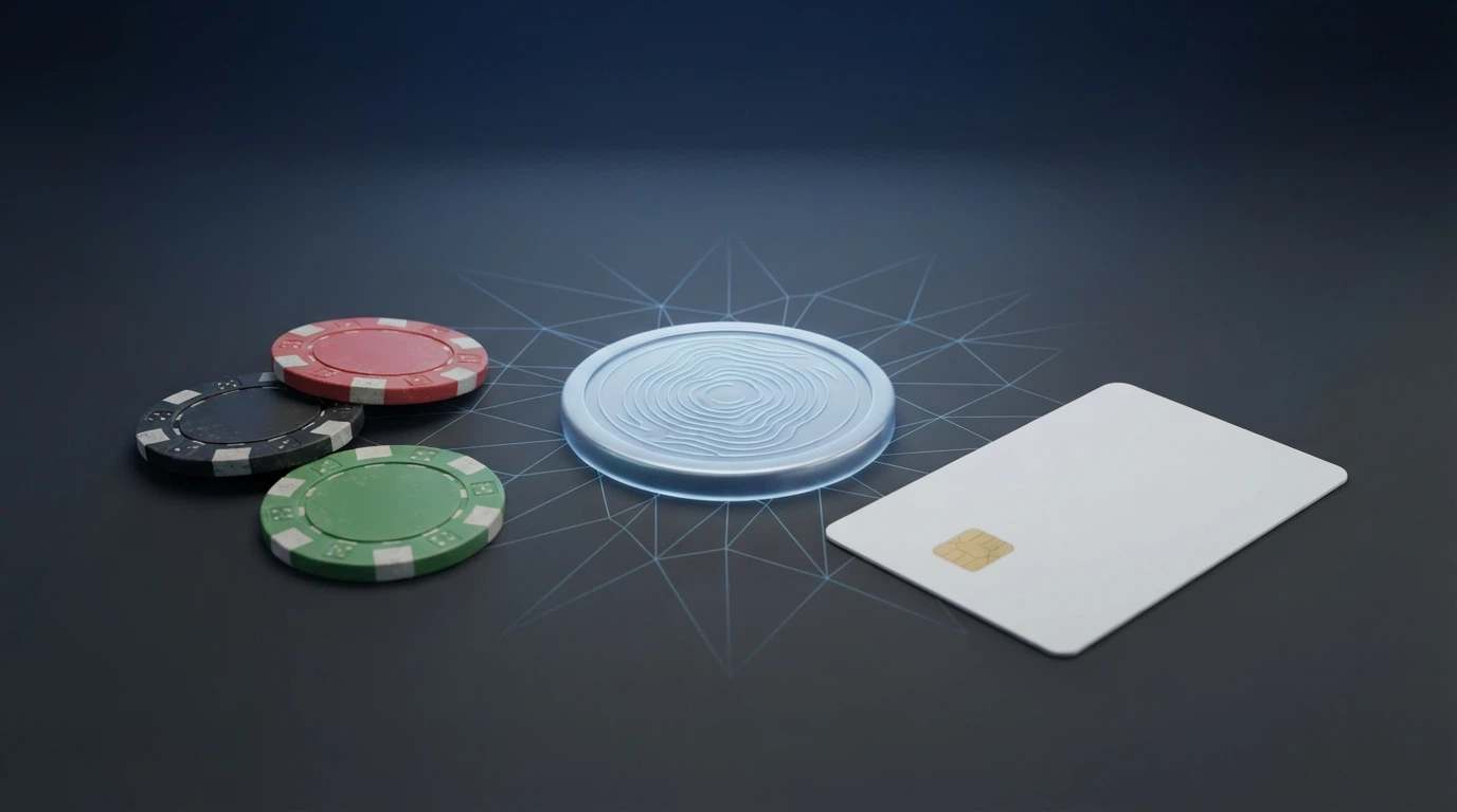 Comparación visual de billetes, tarjetas bancarias y monedas frente a un token digital de XRP sobre un fondo de nodos de red
