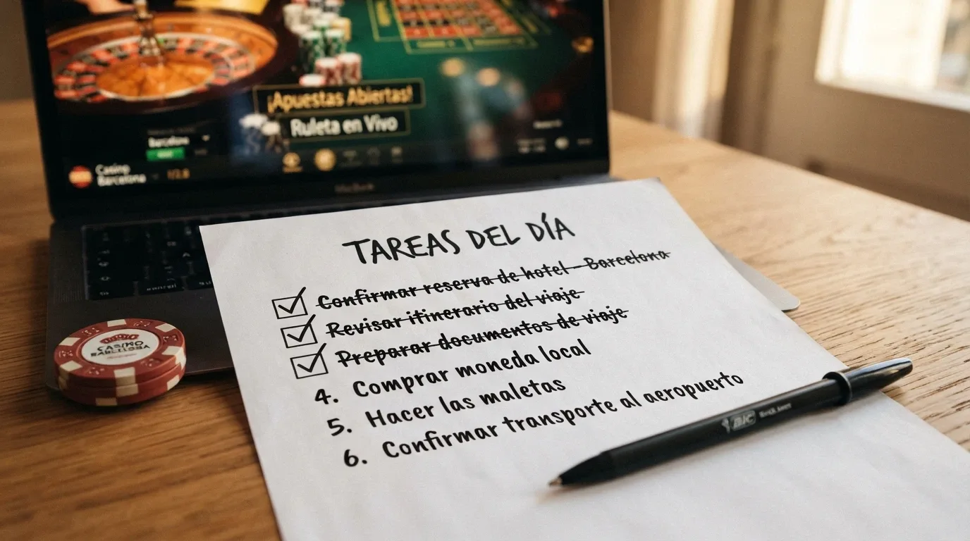 Una lista de verificación con tres casillas marcadas y un bolígrafo sobre una captura de un casino online español