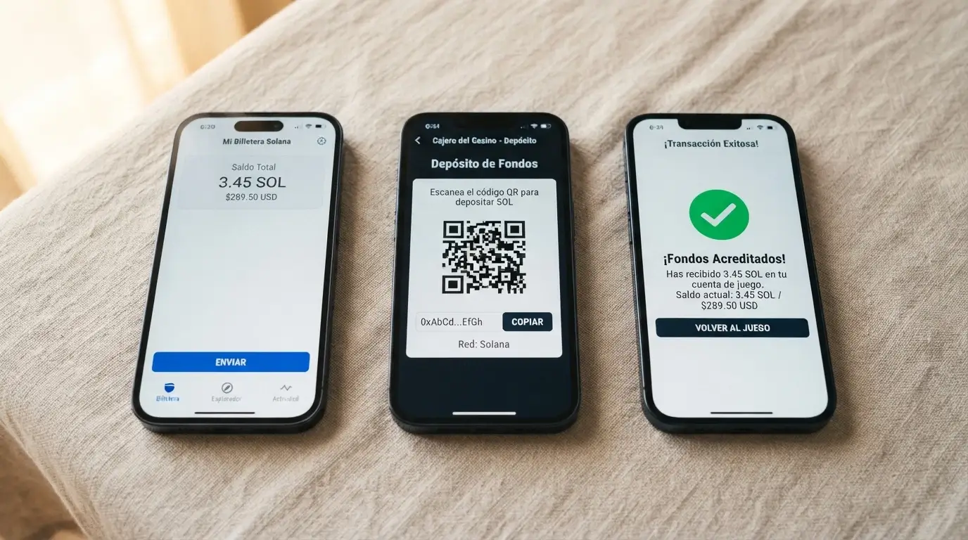 Secuencia de tres capturas en horizontal: wallet Phantom mostrando saldo en SOL, campo de dirección de depósito del casino con un código QR, y pantalla de confirmación de transacción completada
